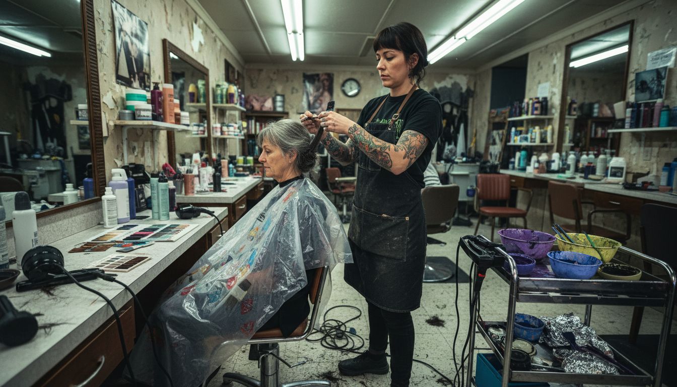 Stylist blending grey hair in salon