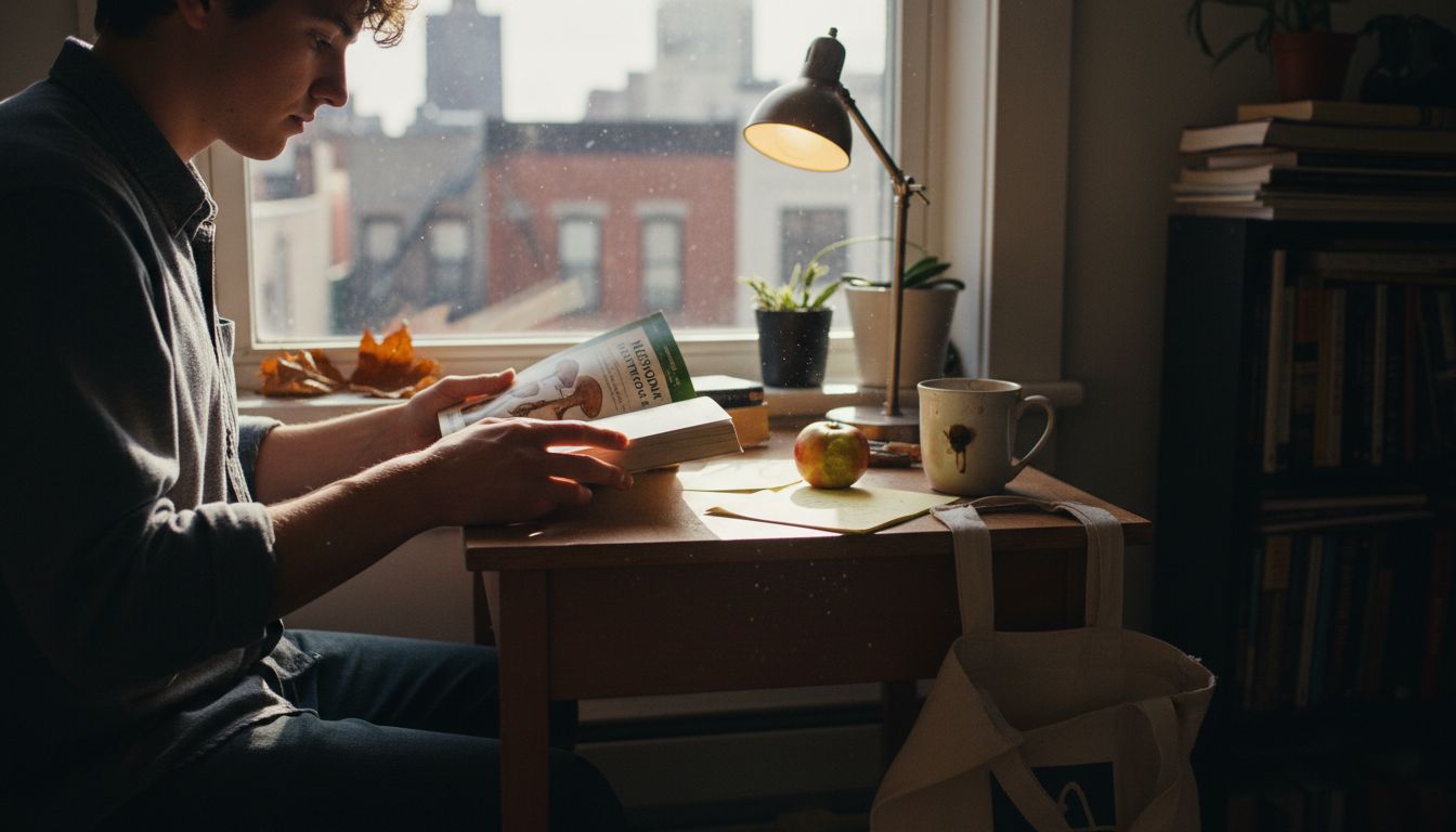 Person studies mushroom guide at desk