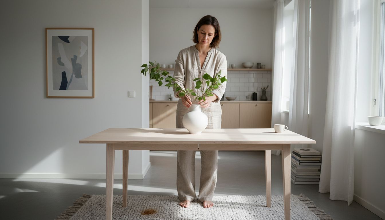 Homeowner arranging vase in minimalist dining room