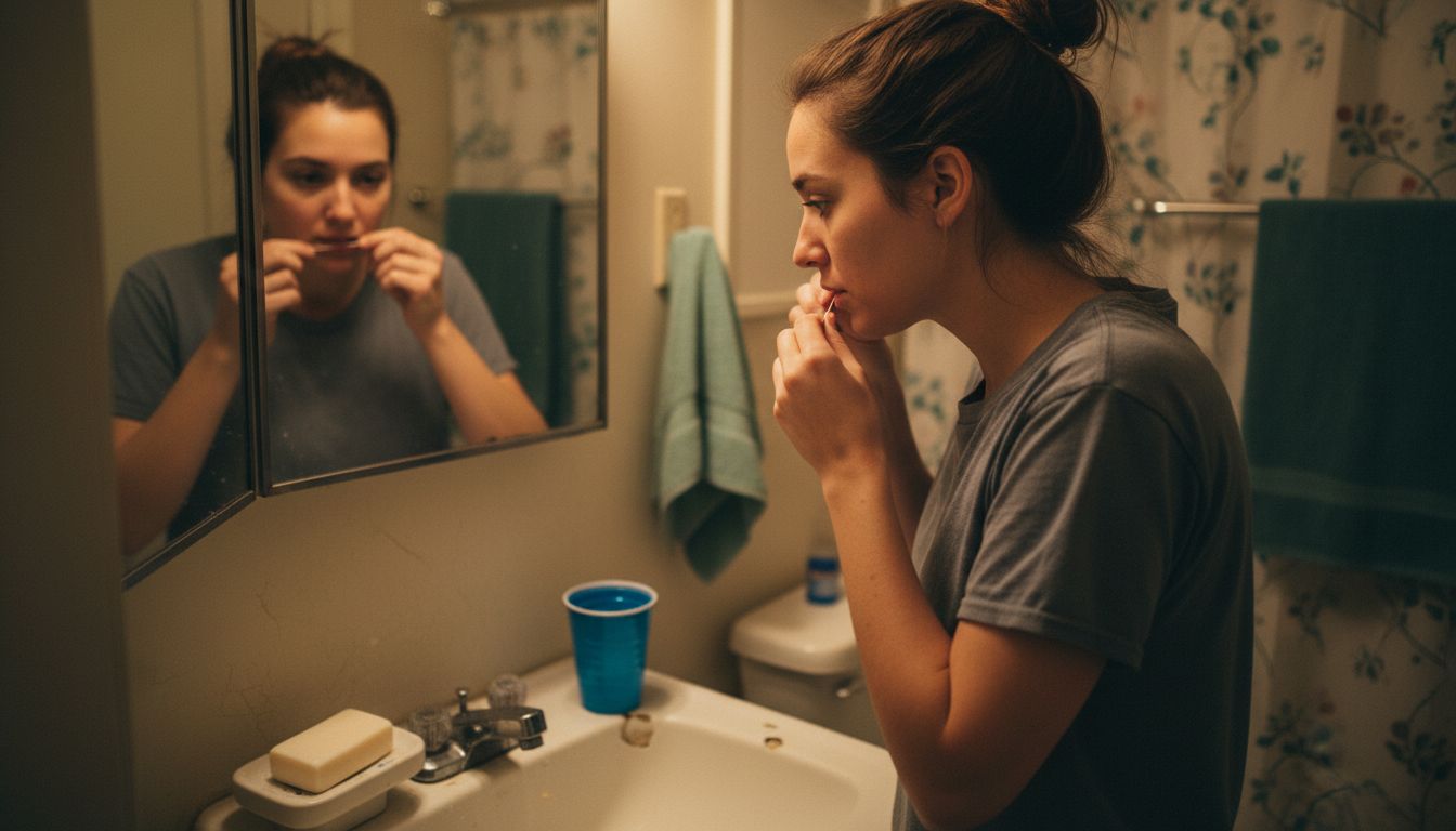 Woman flossing teeth at bathroom mirror