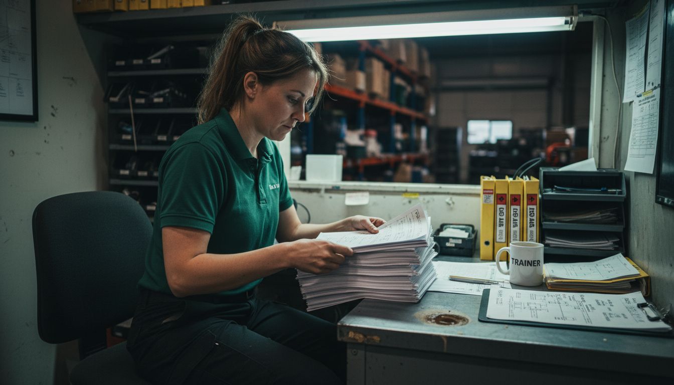 Forklift trainer preparing training manuals at desk