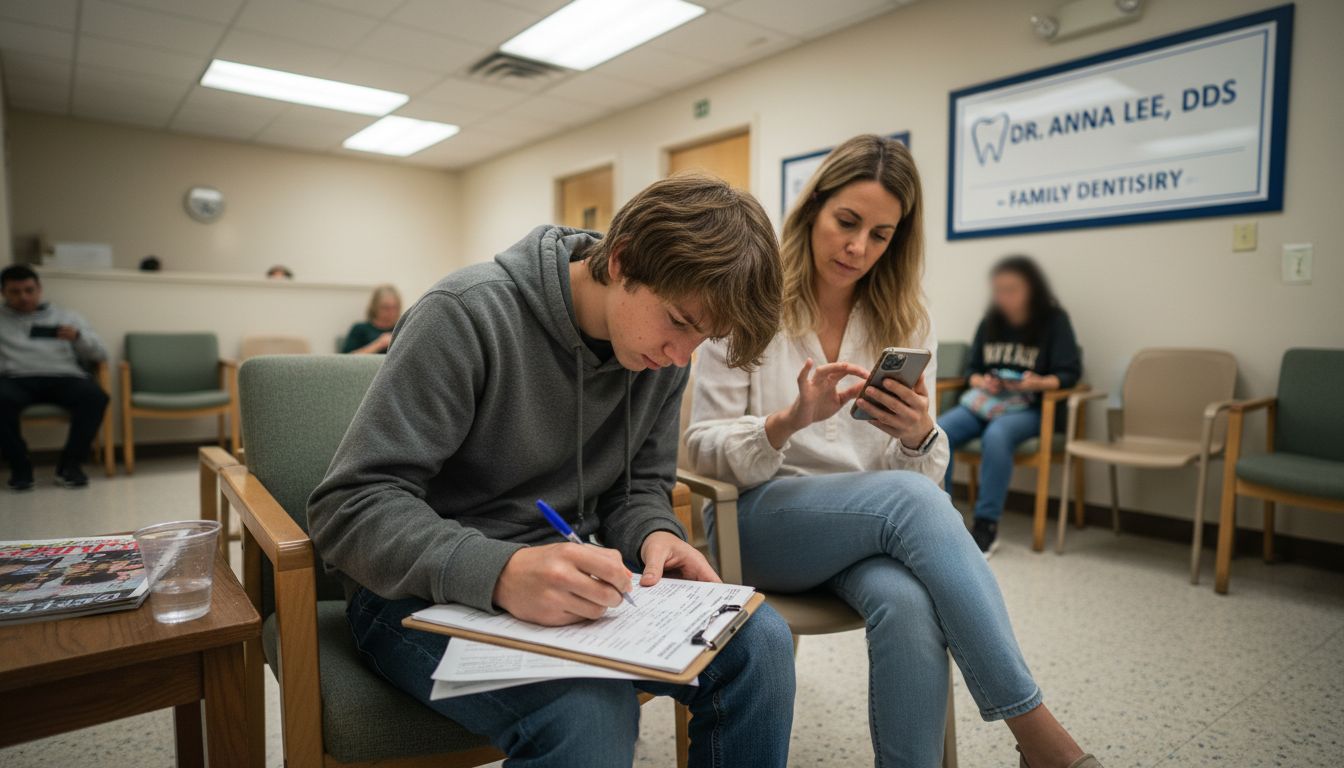 Filling out dental insurance paperwork in waiting room