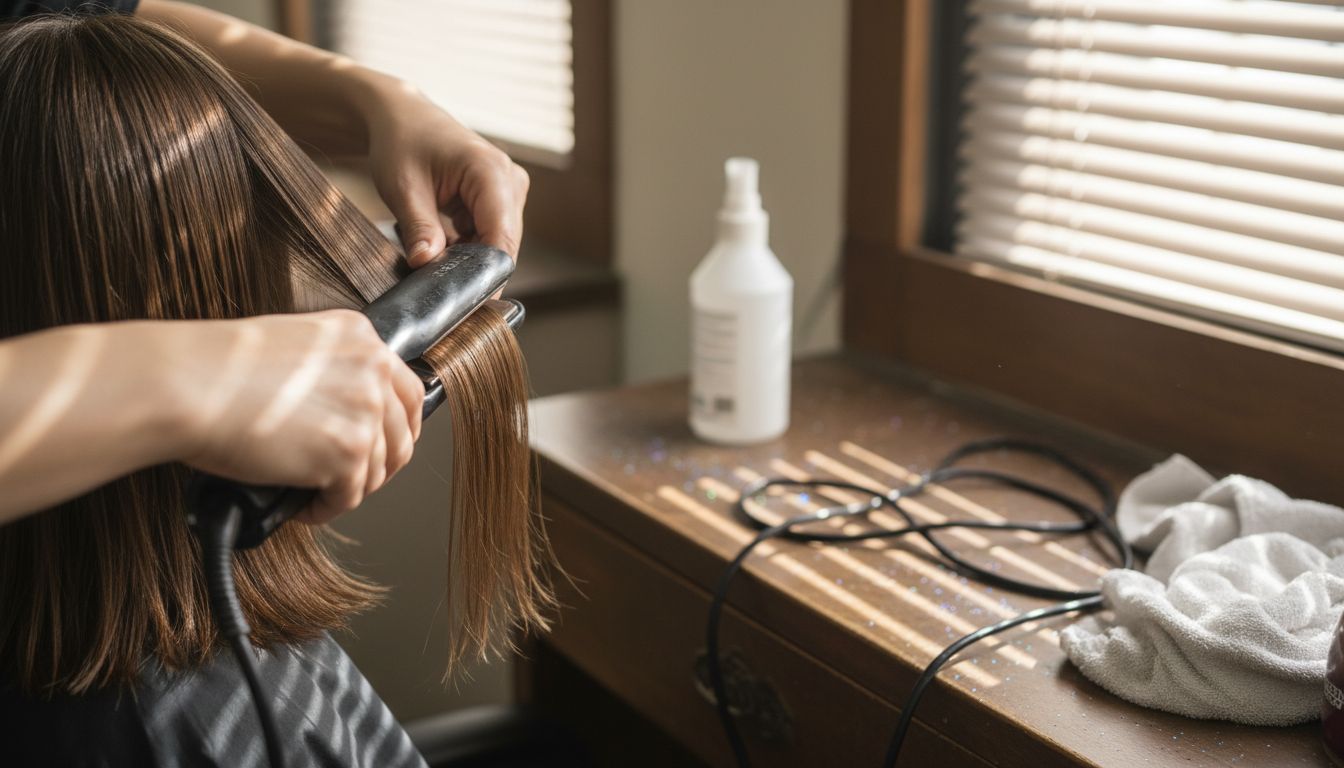 Hands sealing keratin into client’s hair