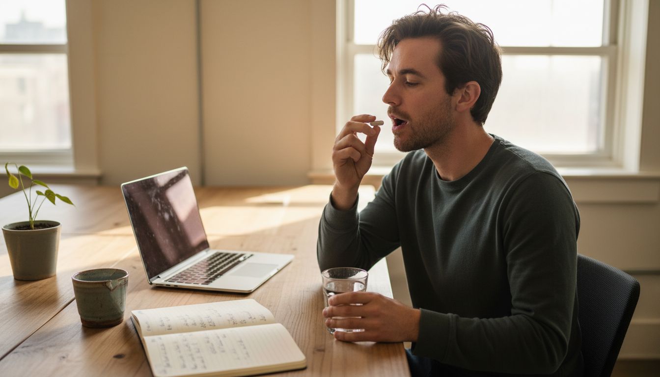 Man preparing to take mushroom capsule at desk