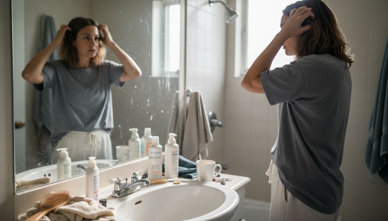 Woman checking hair in bathroom mirror