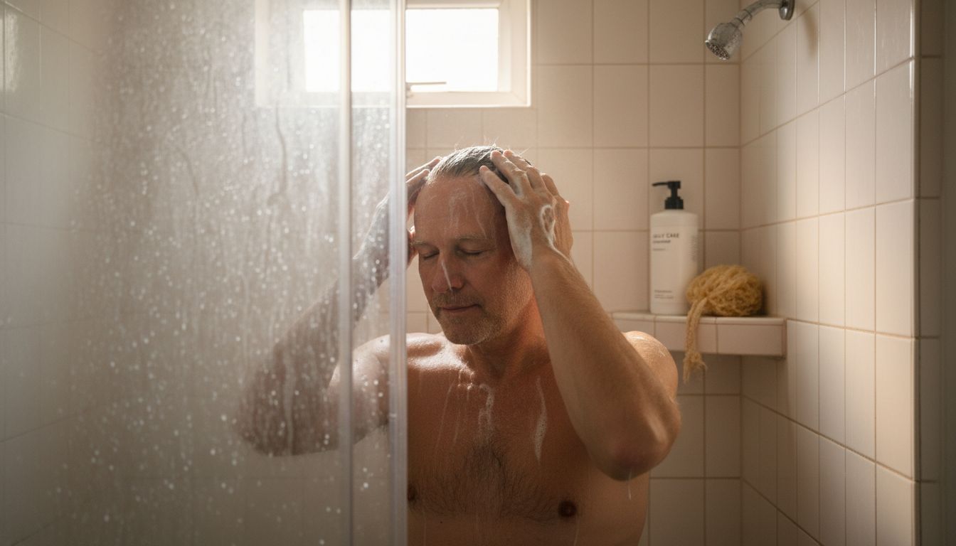 Man gently washing hair in shower