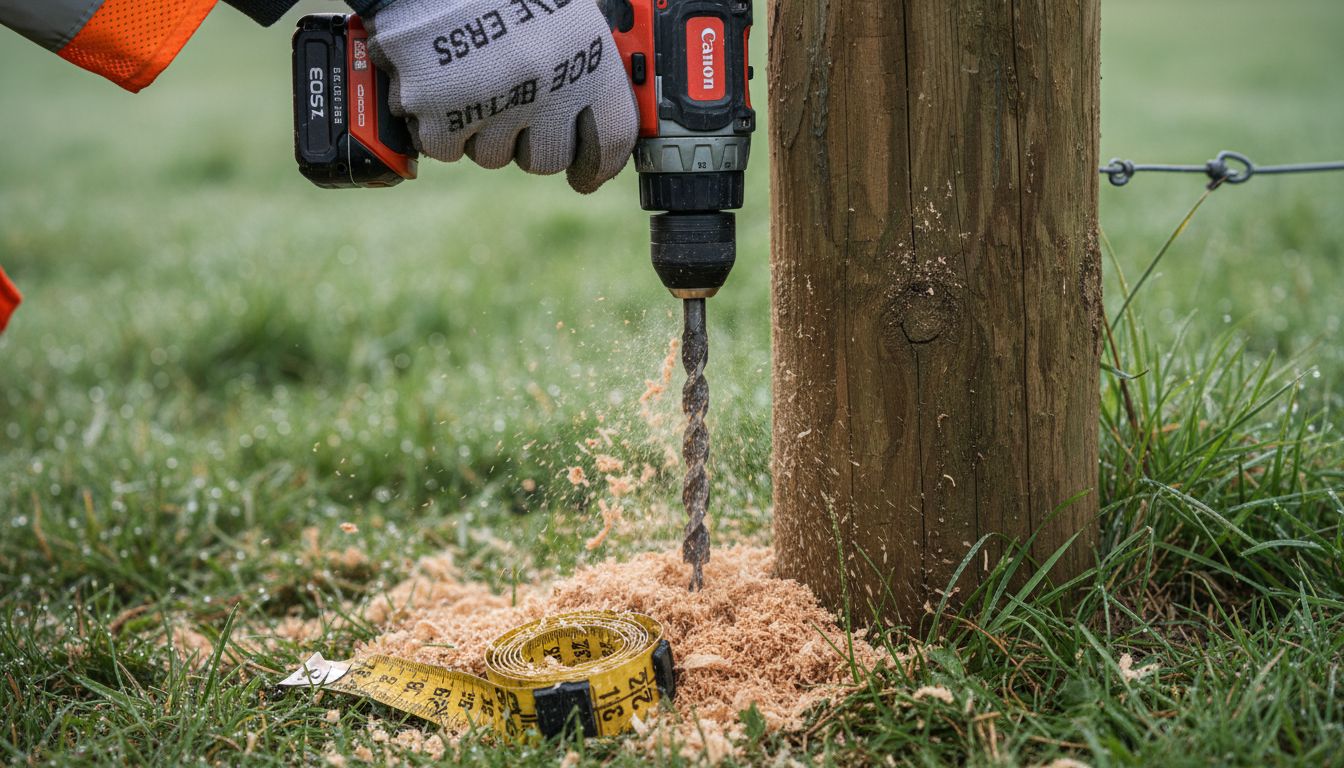 Close-up drill bit in wooden post