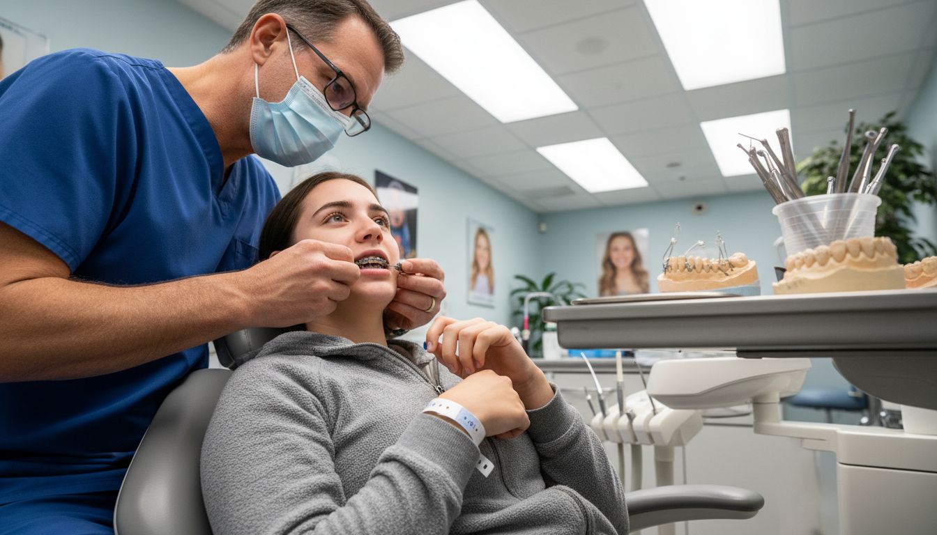 Orthodontist adjusting braces in dental chair