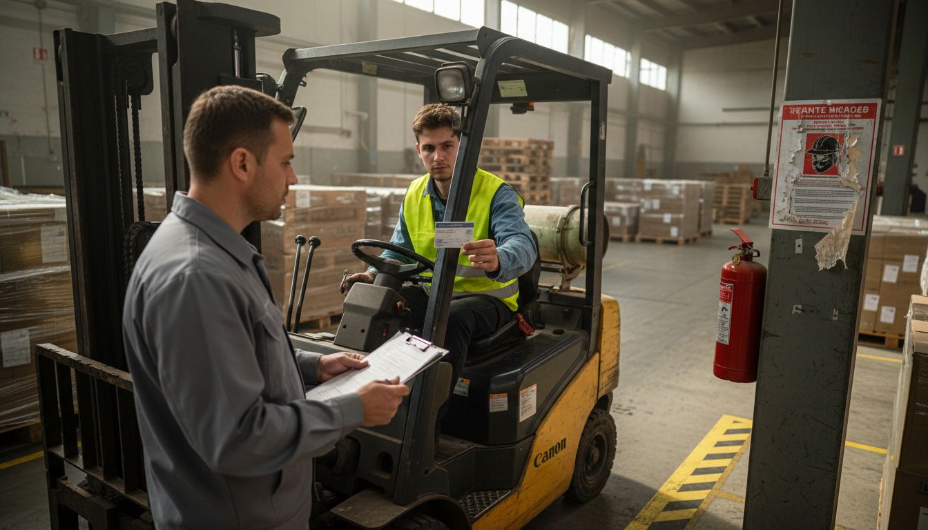 Forklift operator presents certification card
