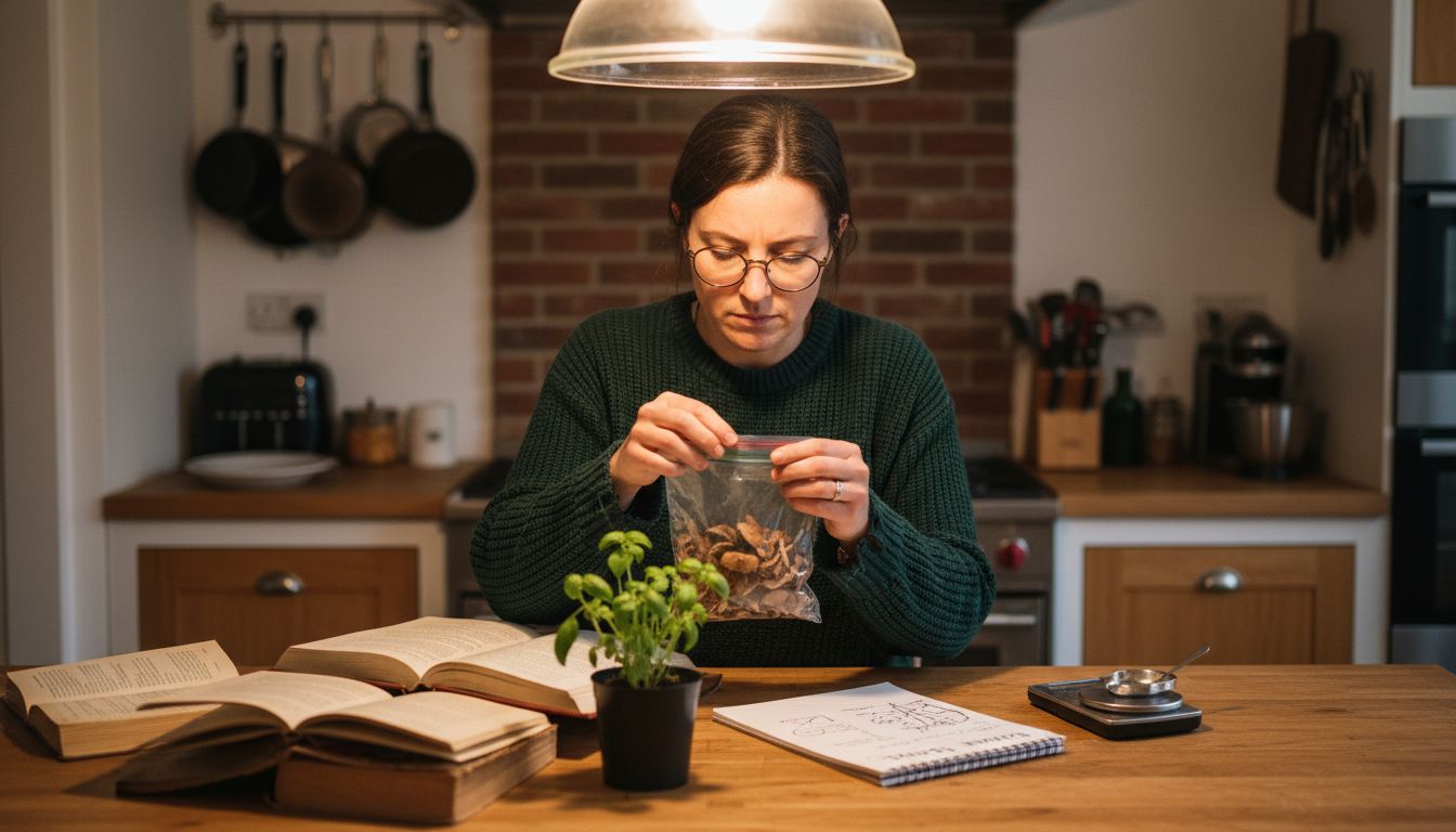 Woman inspecting magic mushrooms for quality