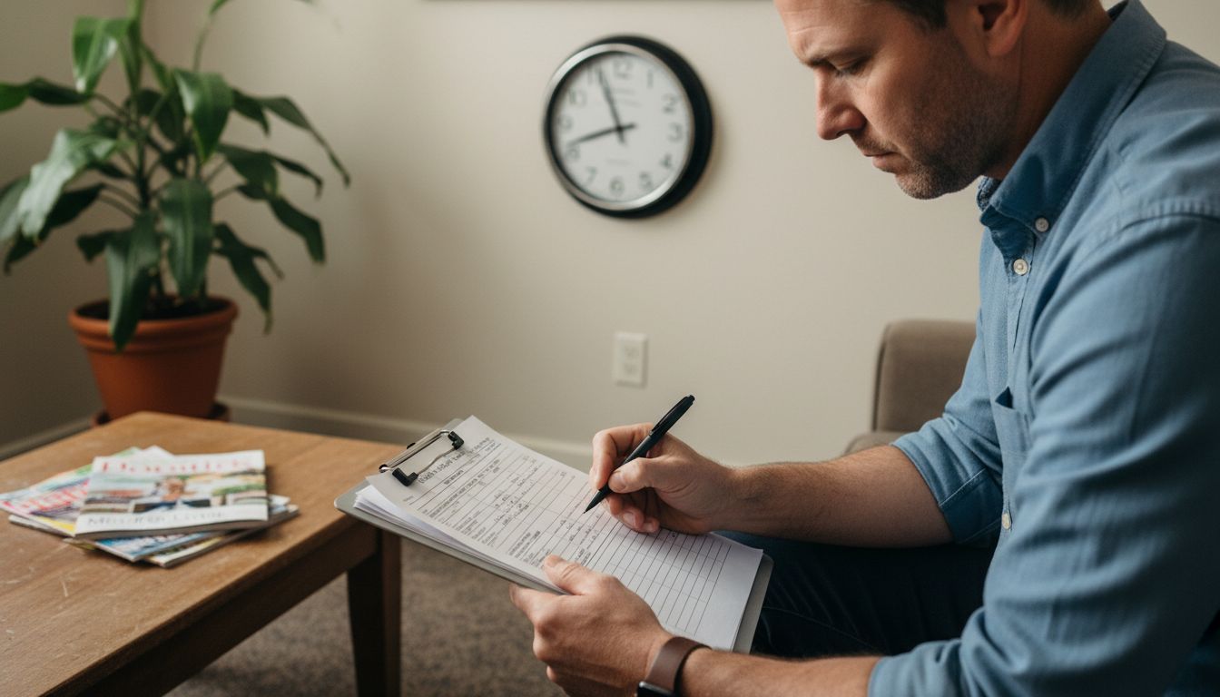 Client completing health forms in waiting area