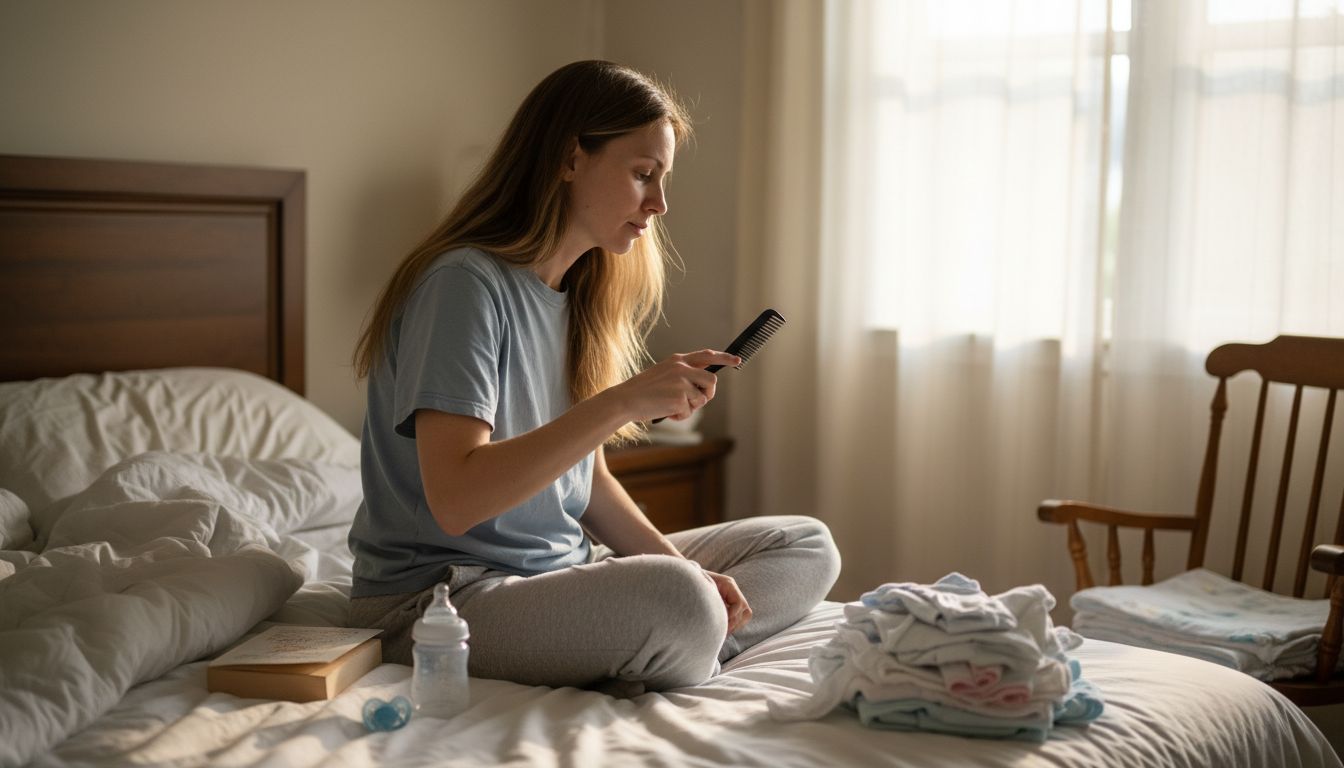 New mother brushing hair in softly lit bedroom