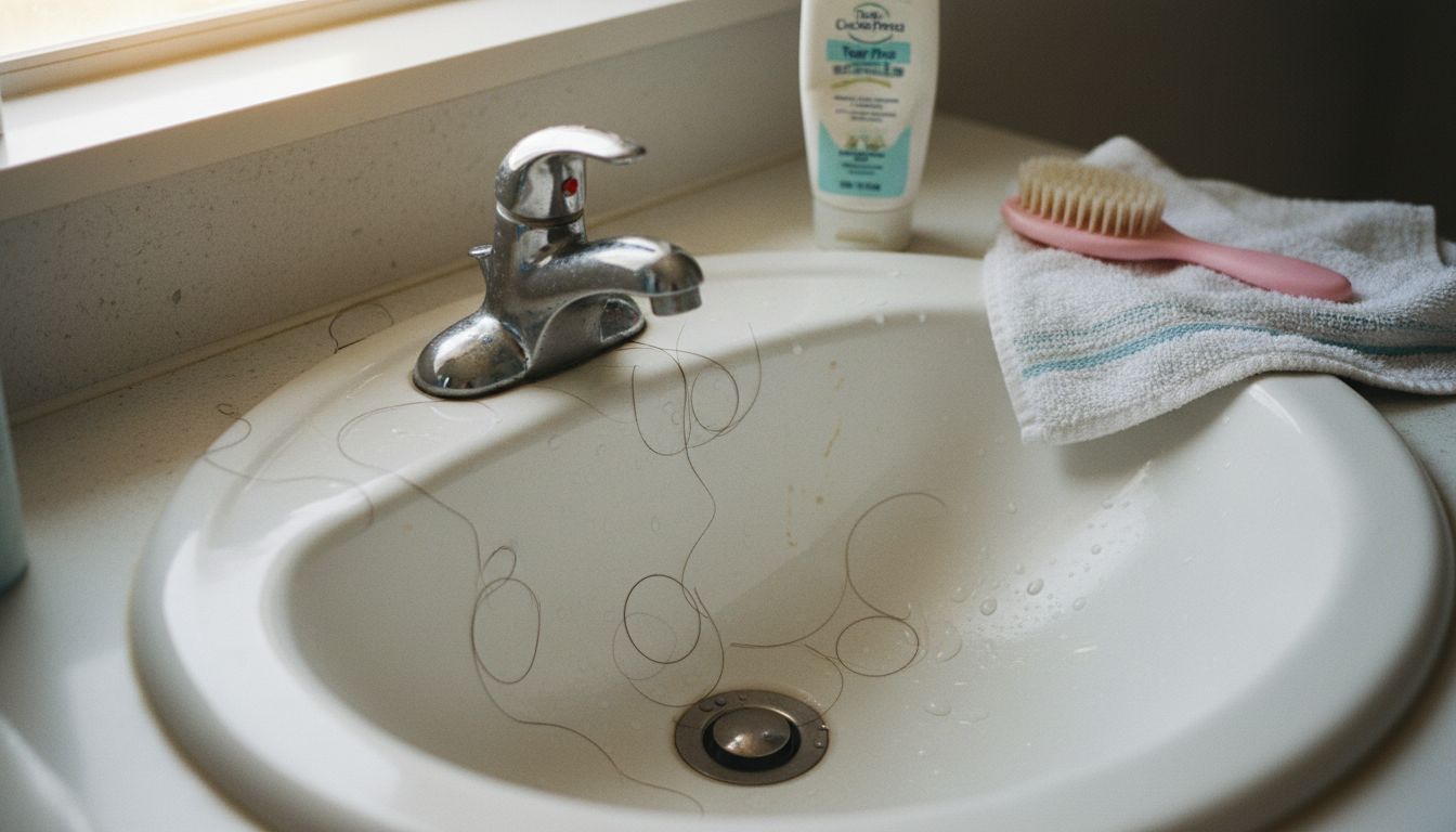 Hair strands in bathroom sink postpartum close-up