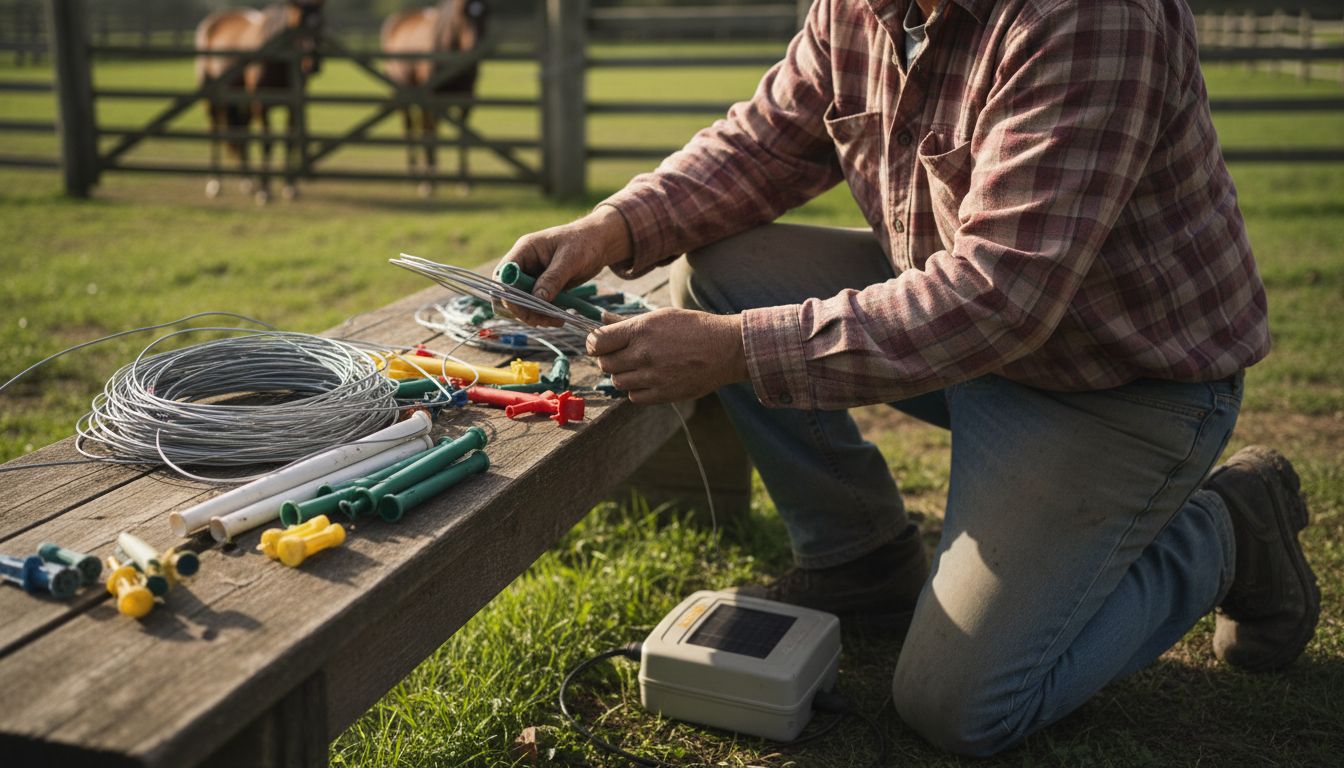 Farm worker sorting portable fence supplies
