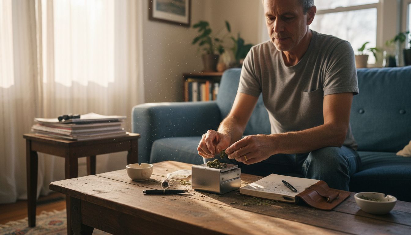 Man preparing cannabis dose in living room