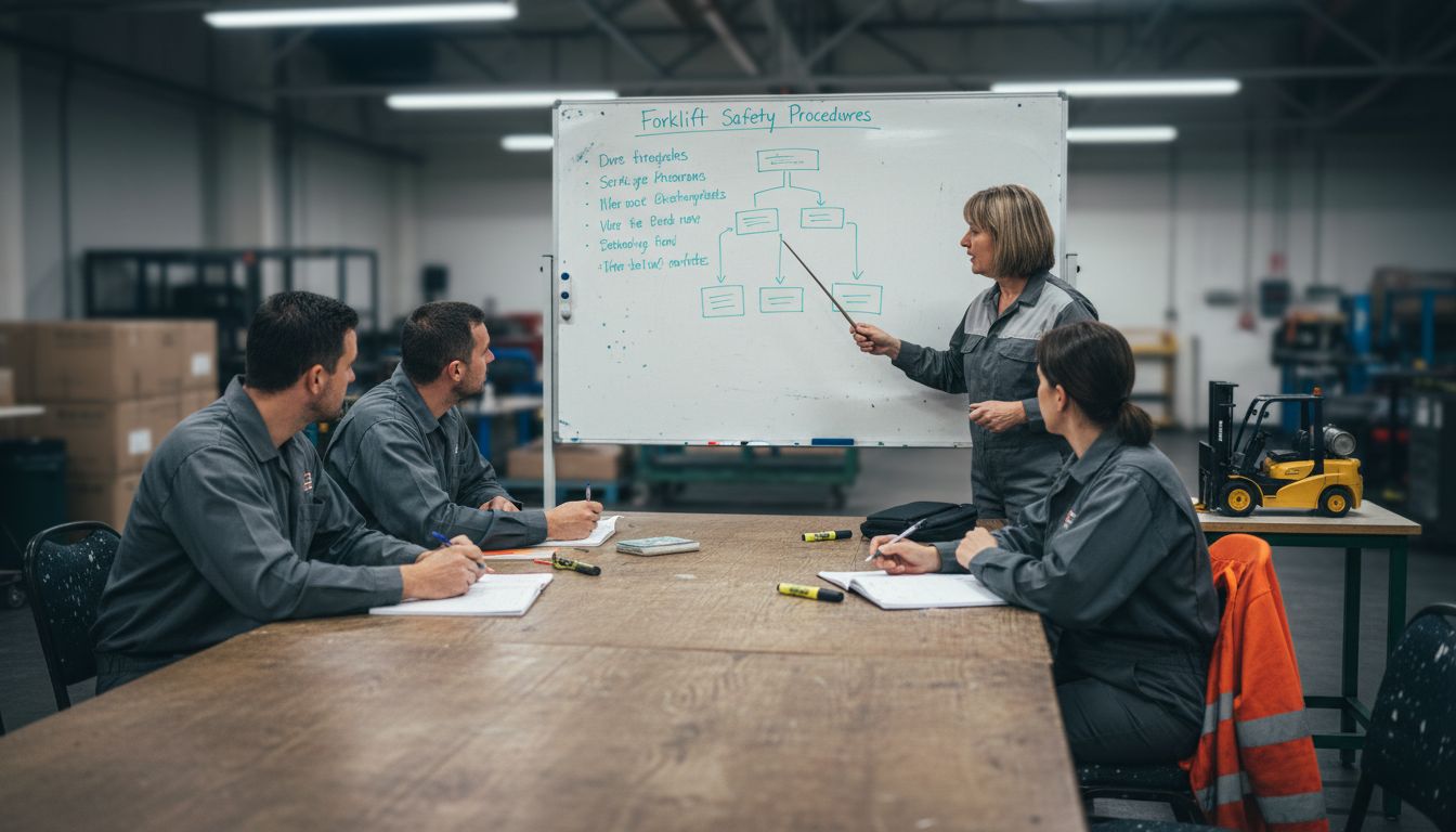 Instructor teaching forklift safety class with diagram