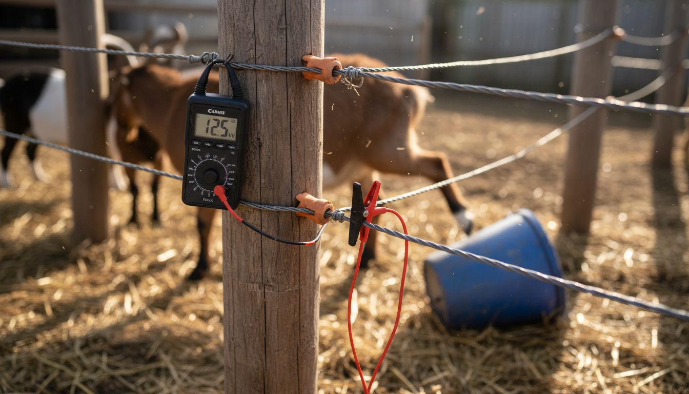 Close-up electric fence wires and insulator with goats