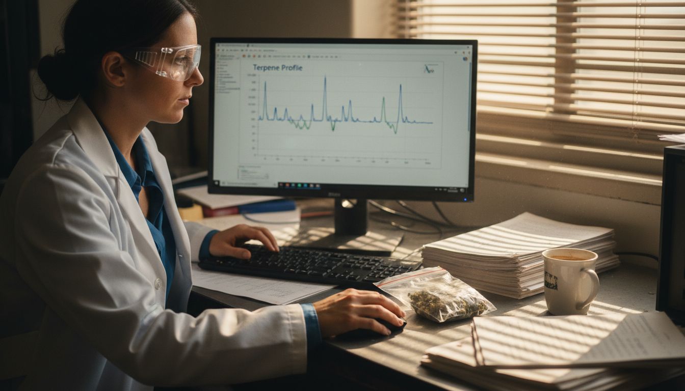 Scientist reviewing cannabis terpene lab results