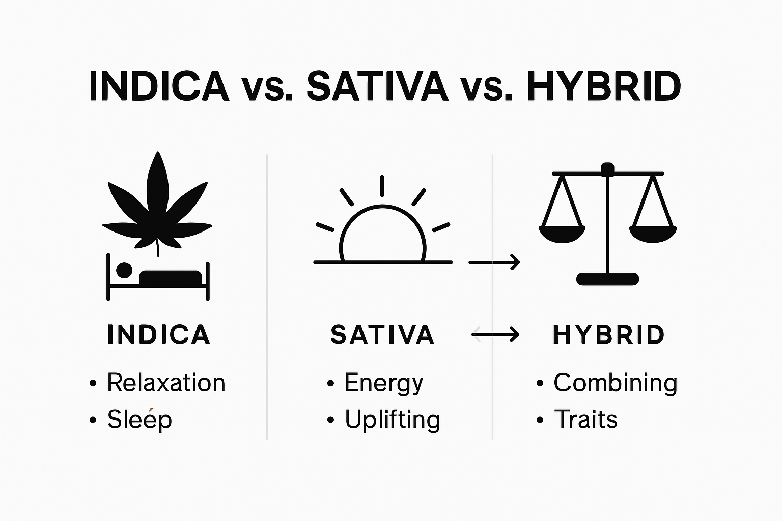 Infographic comparing indica, sativa, hybrid strains