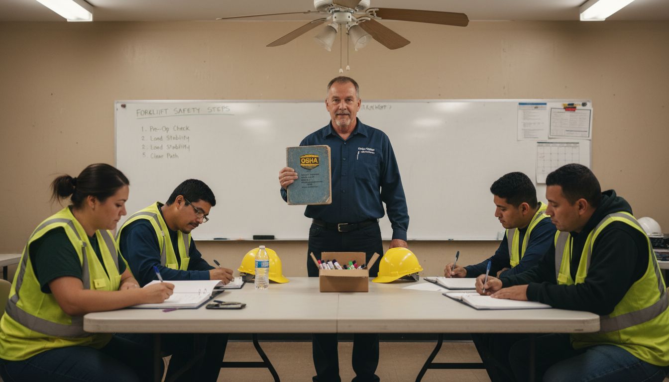 Forklift training instructor leading classroom session