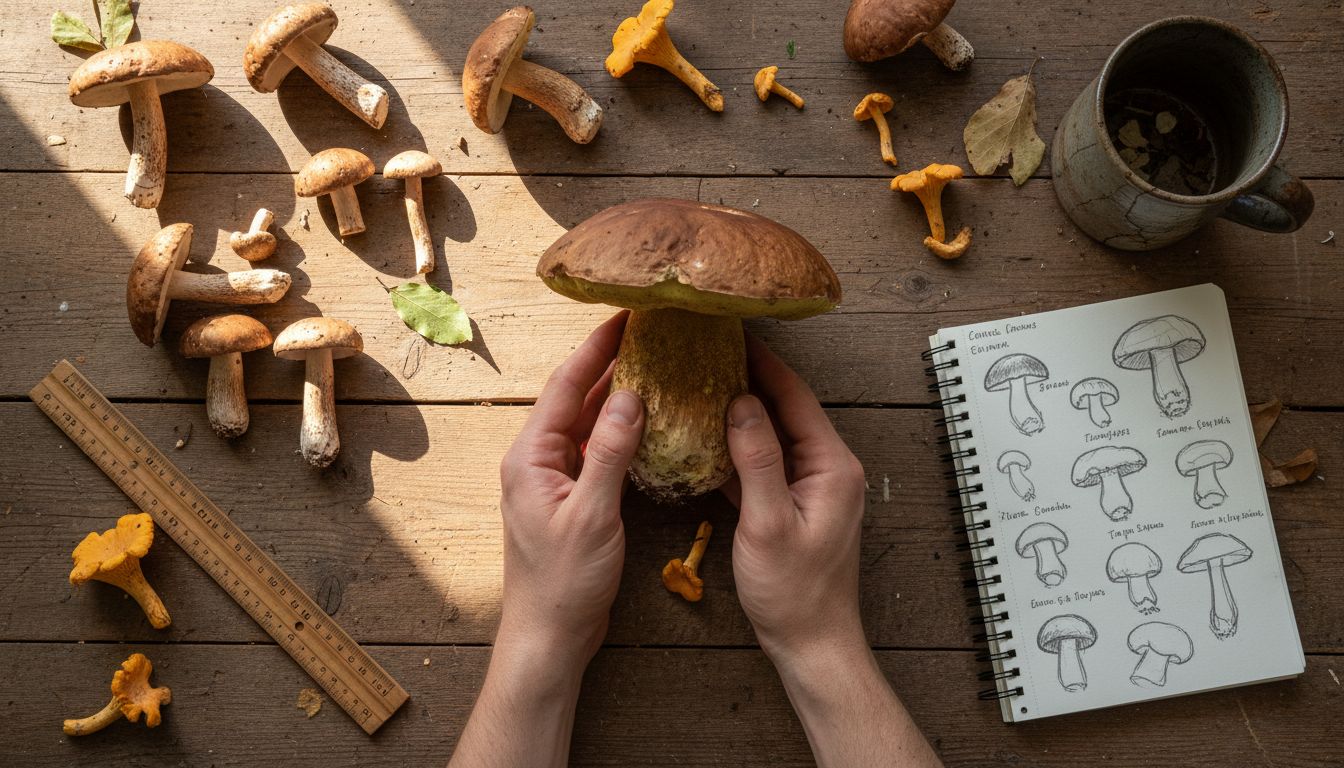 Hands examining wild mushroom cap closely