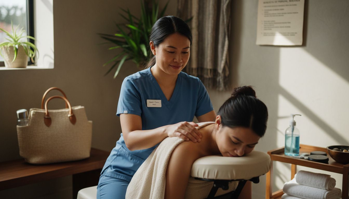 Massage therapist working on pregnant woman's shoulders