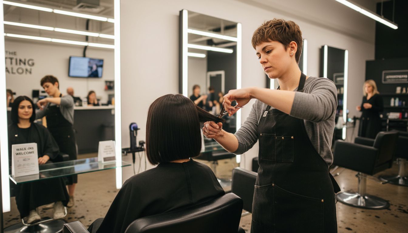 Hairstylist precision cutting a sleek bob