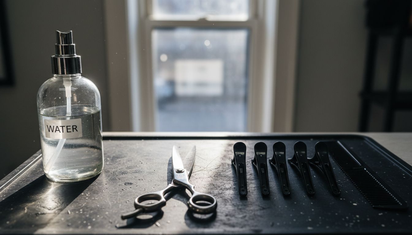 Close-up hair cutting tools on mat