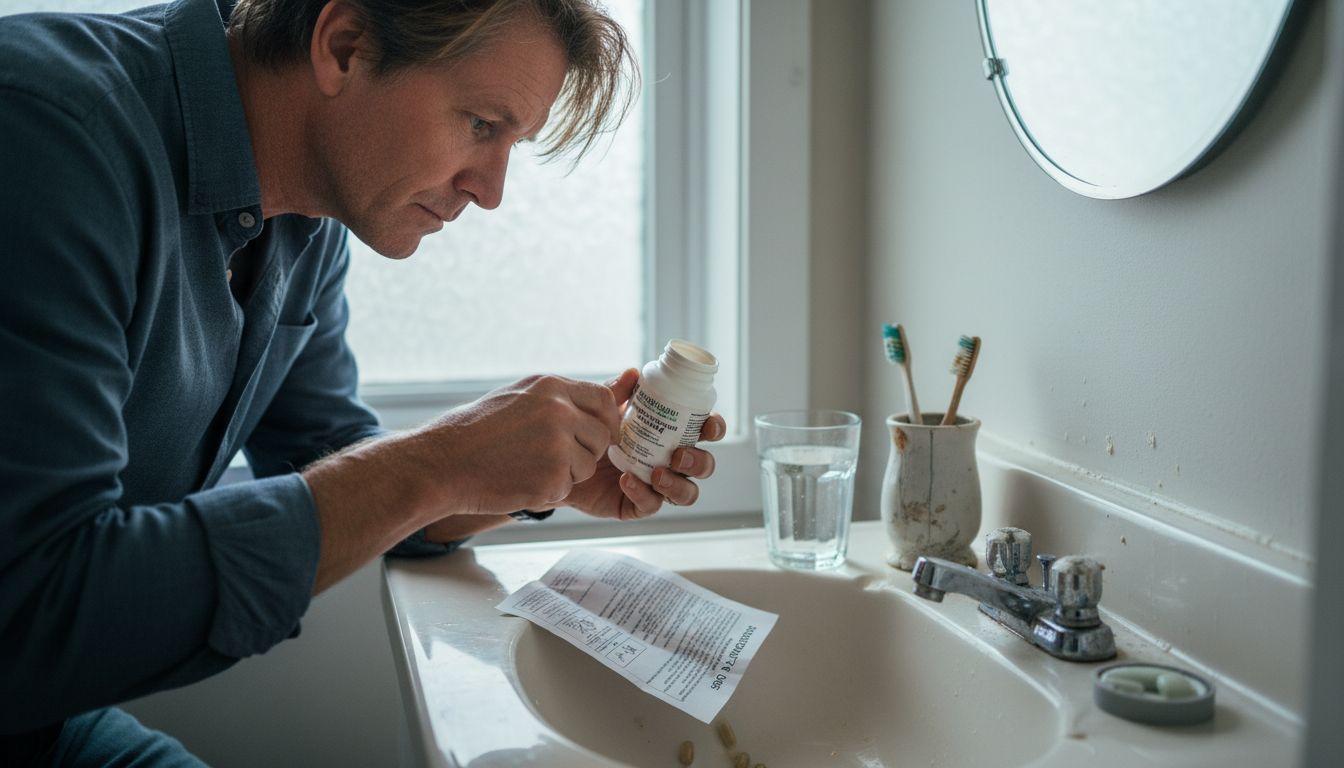 Man counting mushroom capsules at bathroom sink