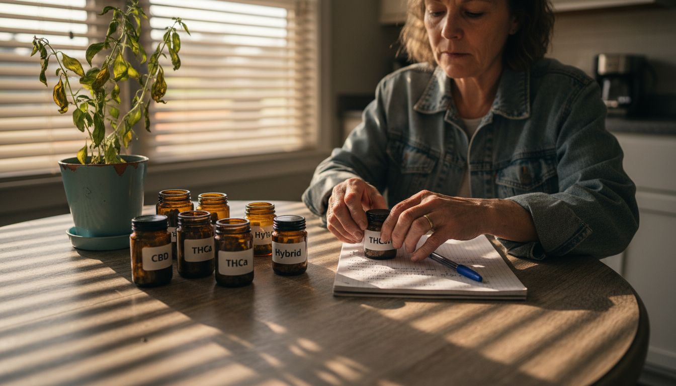 Sorting jars labeled CBD THCa Hybrid at kitchen table