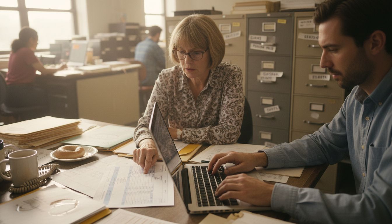 Adults discussing insurance plan comparisons at desk