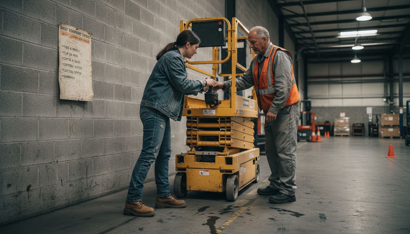 Trainee learning practical scissor lift operation