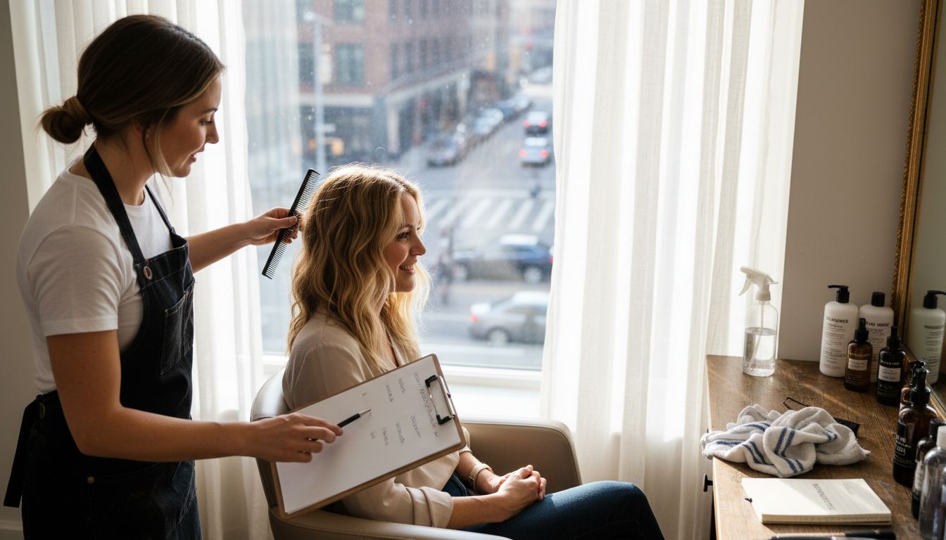Client and stylist discuss hair care routine in salon