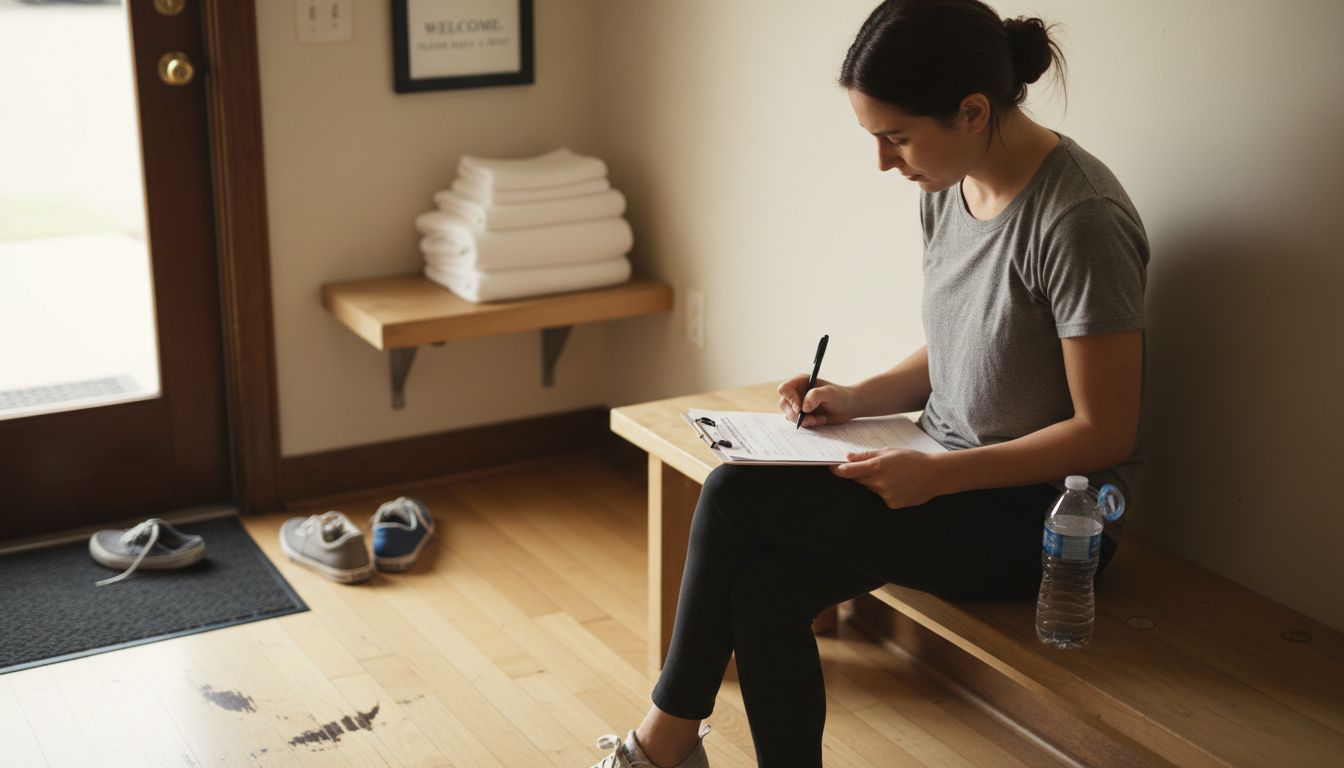 Client completes massage intake forms in waiting area