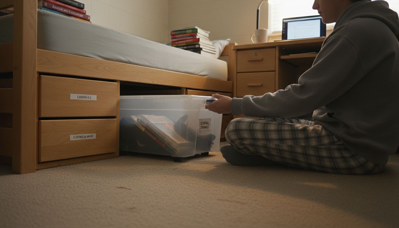 Student accessing rolling under bed storage bin