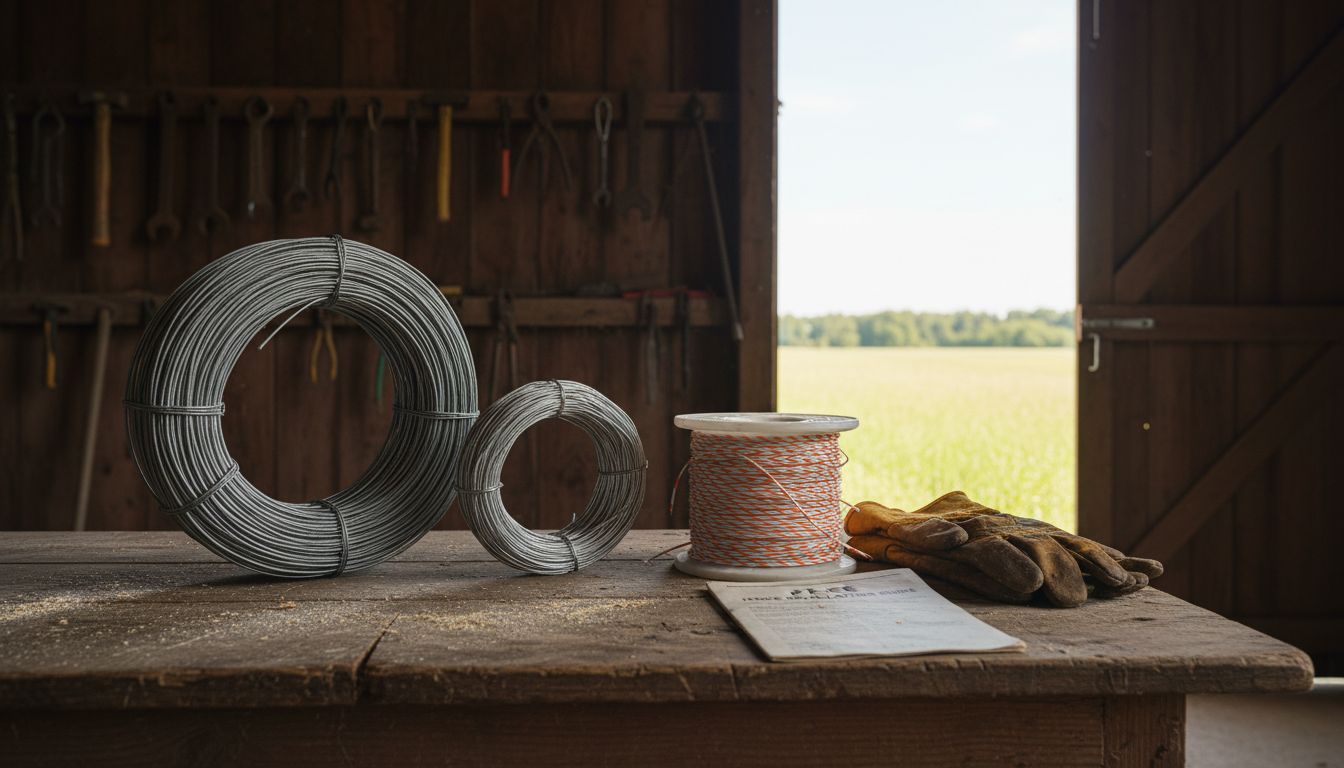Different electric fence wires on barn workbench