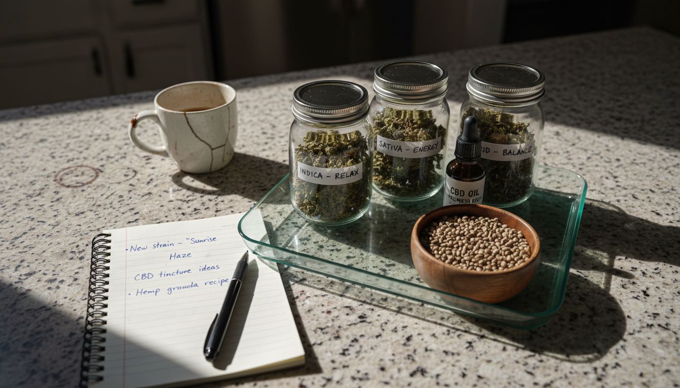 Various cannabis products on kitchen island