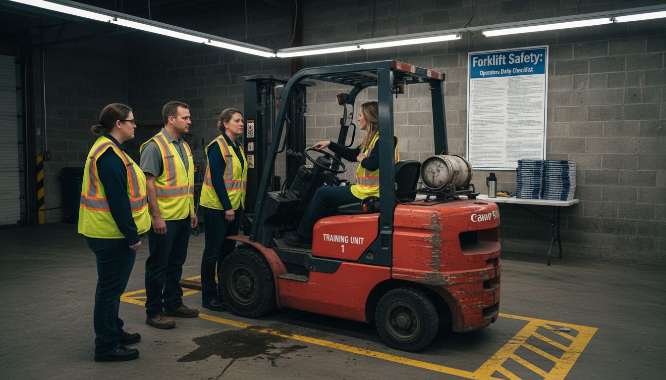 Instructor demonstrates forklift training in classroom