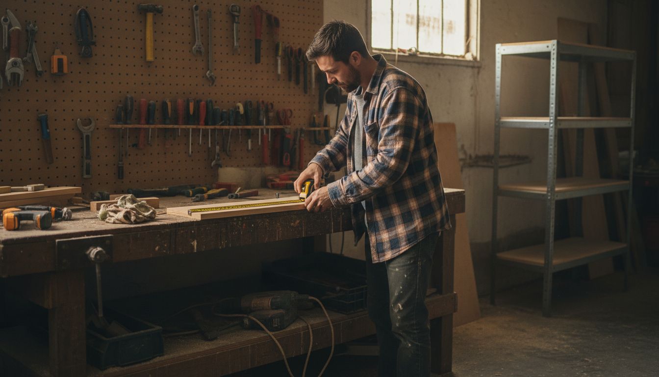 Man measuring wood in DIY garage project