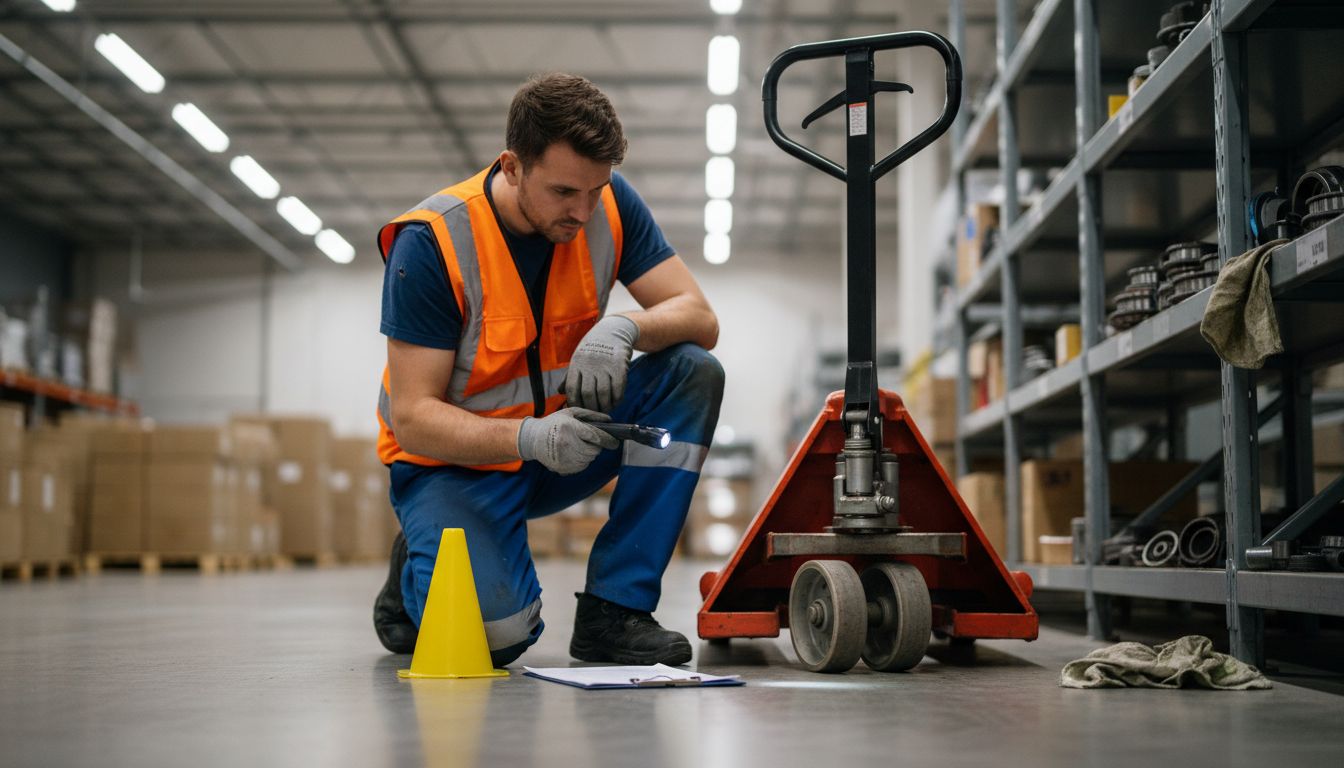 Worker inspecting pallet jack wheel