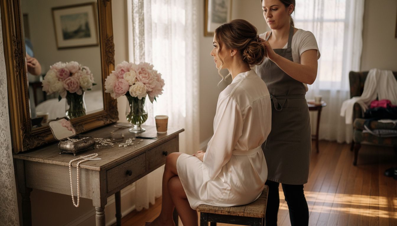 Bride getting hair styled in bridal suite