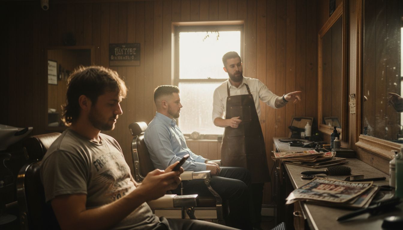 Side-by-side outdated and modern men's haircuts