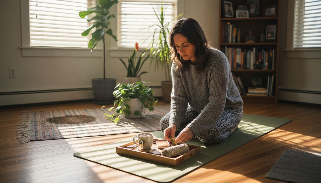 Woman preparing wellness tools on yoga mat