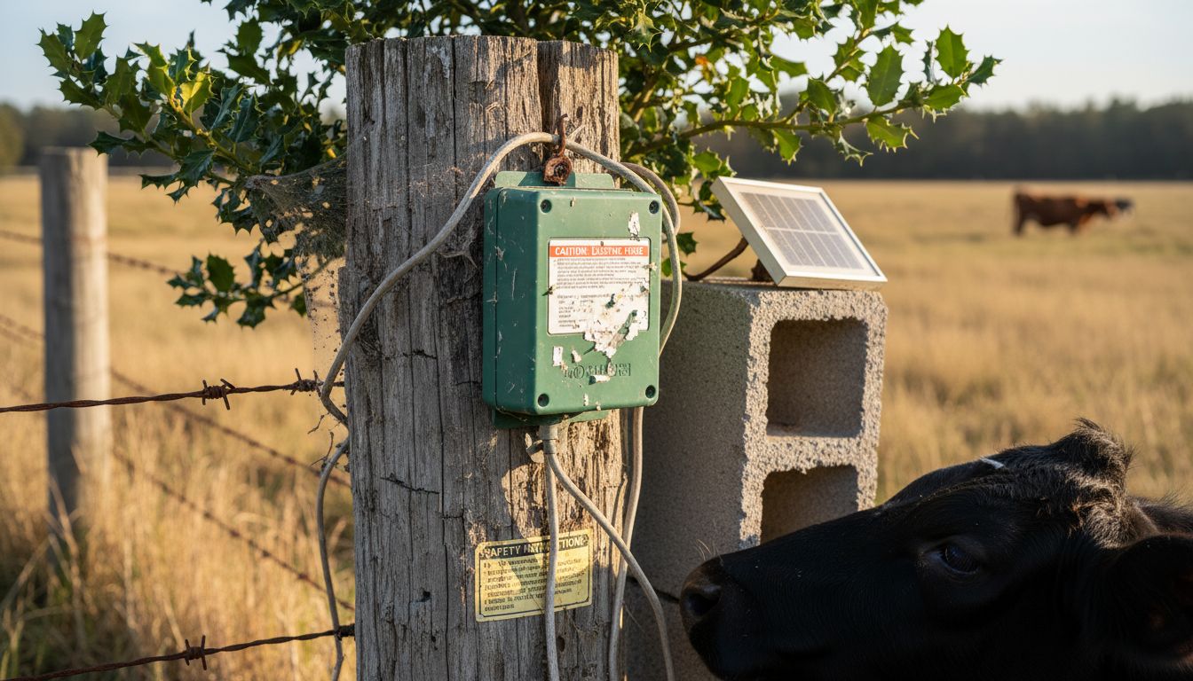 Weathered fence charger attached to post