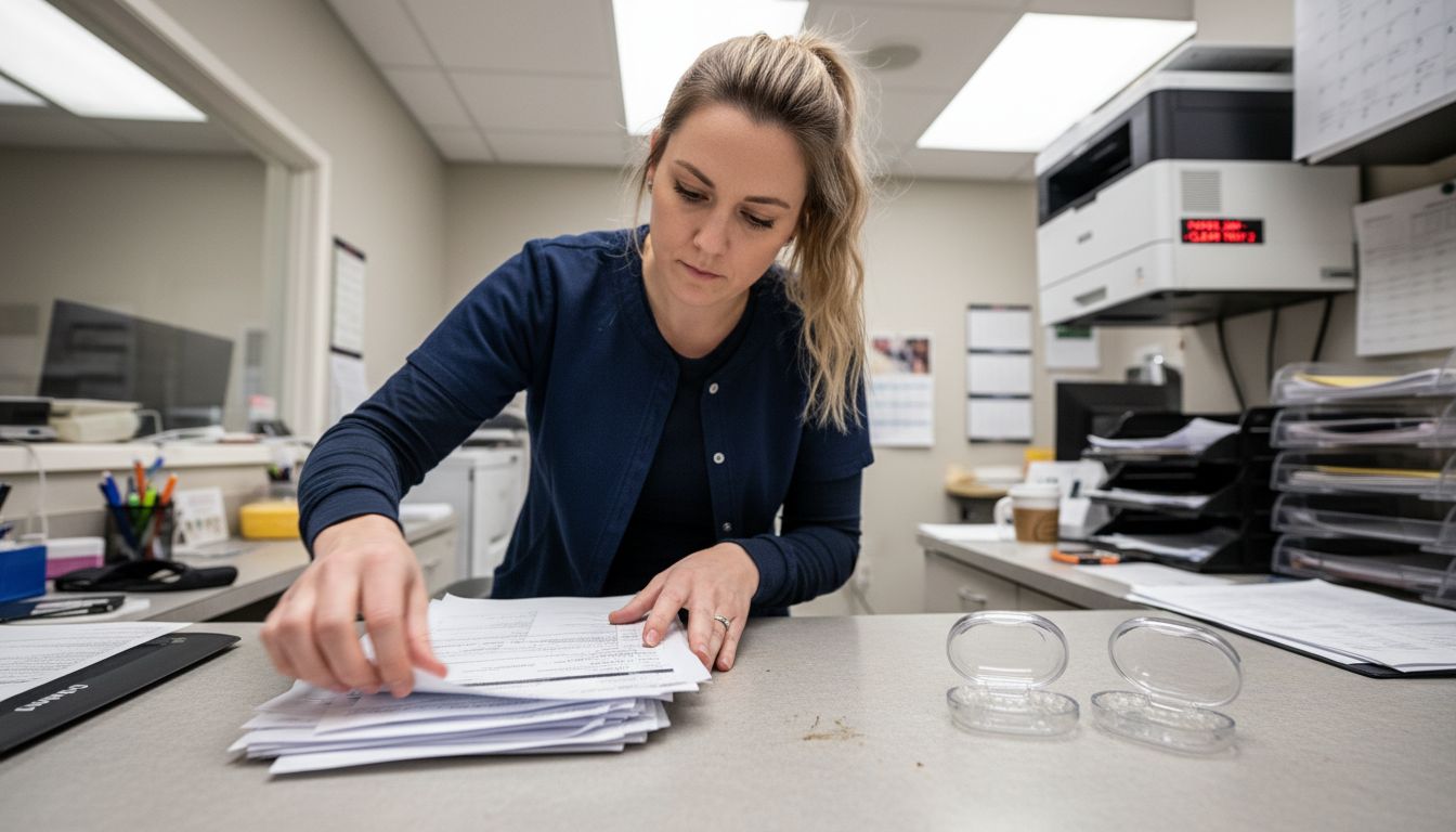 Office assistant filing Invisalign insurance paperwork