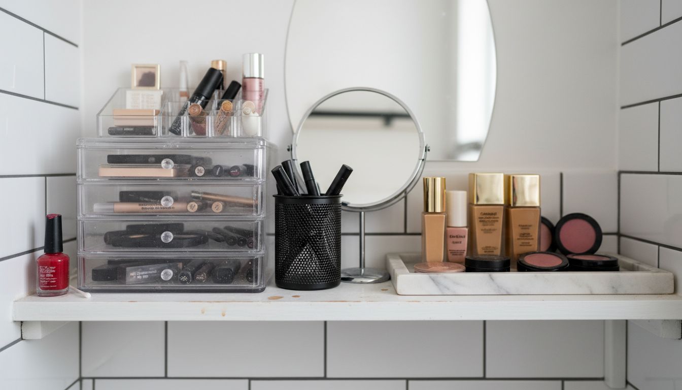Makeup organizers displayed on bathroom shelf