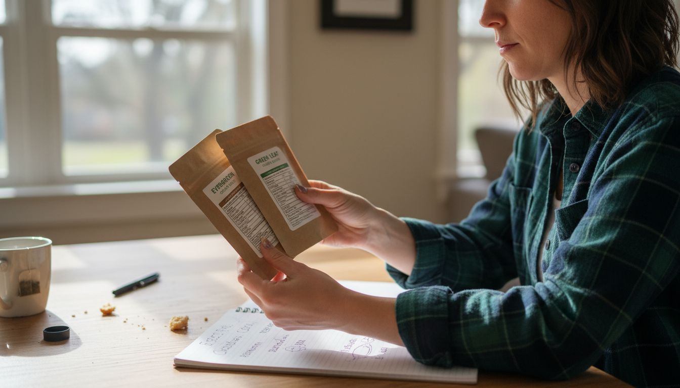 Woman comparing cannabis package details at table