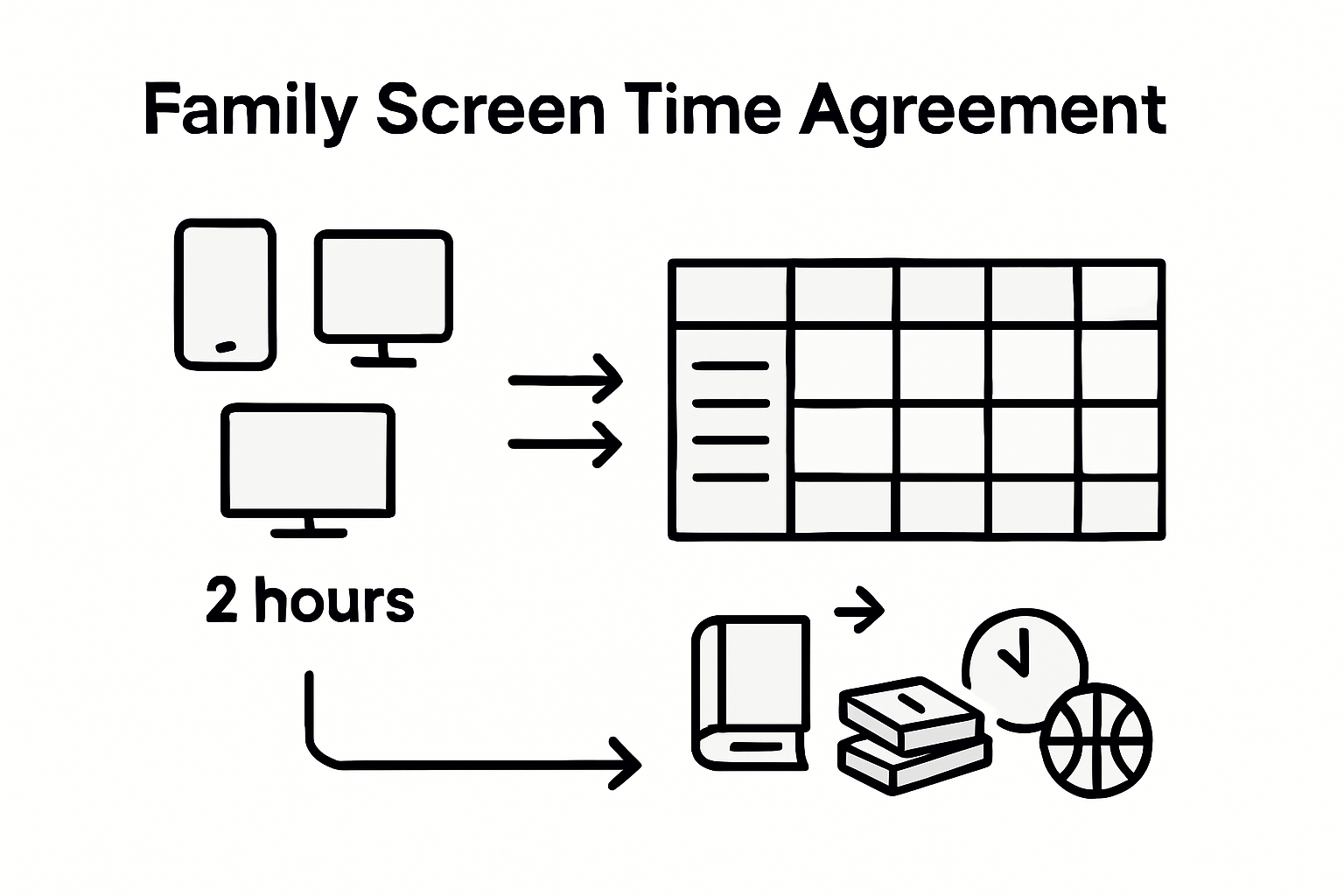 Screen time chart and healthy alternatives diagram
