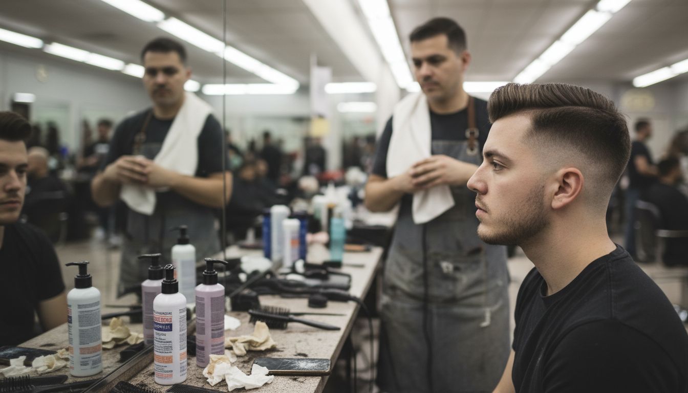 Client views faded undercut in salon mirror