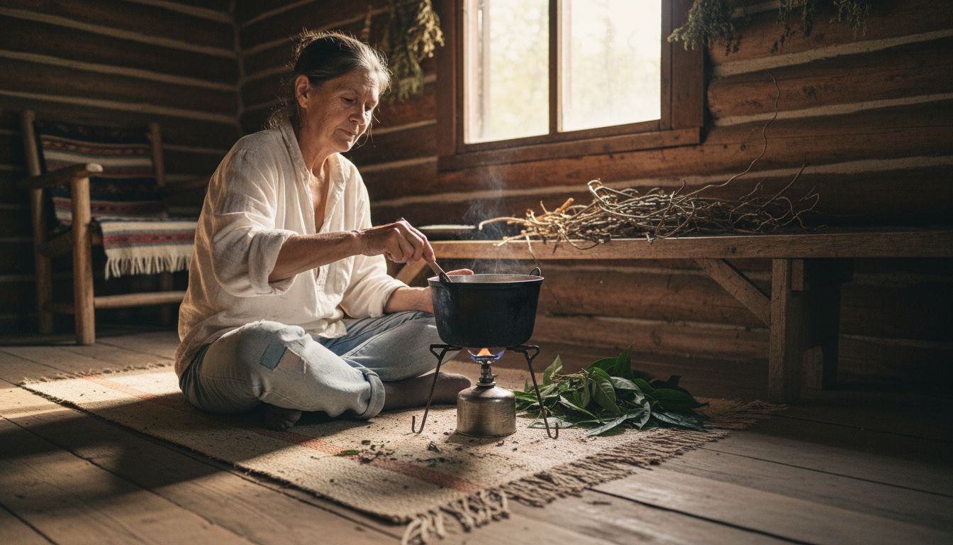 Ayahuasca tea preparation in rustic cabin